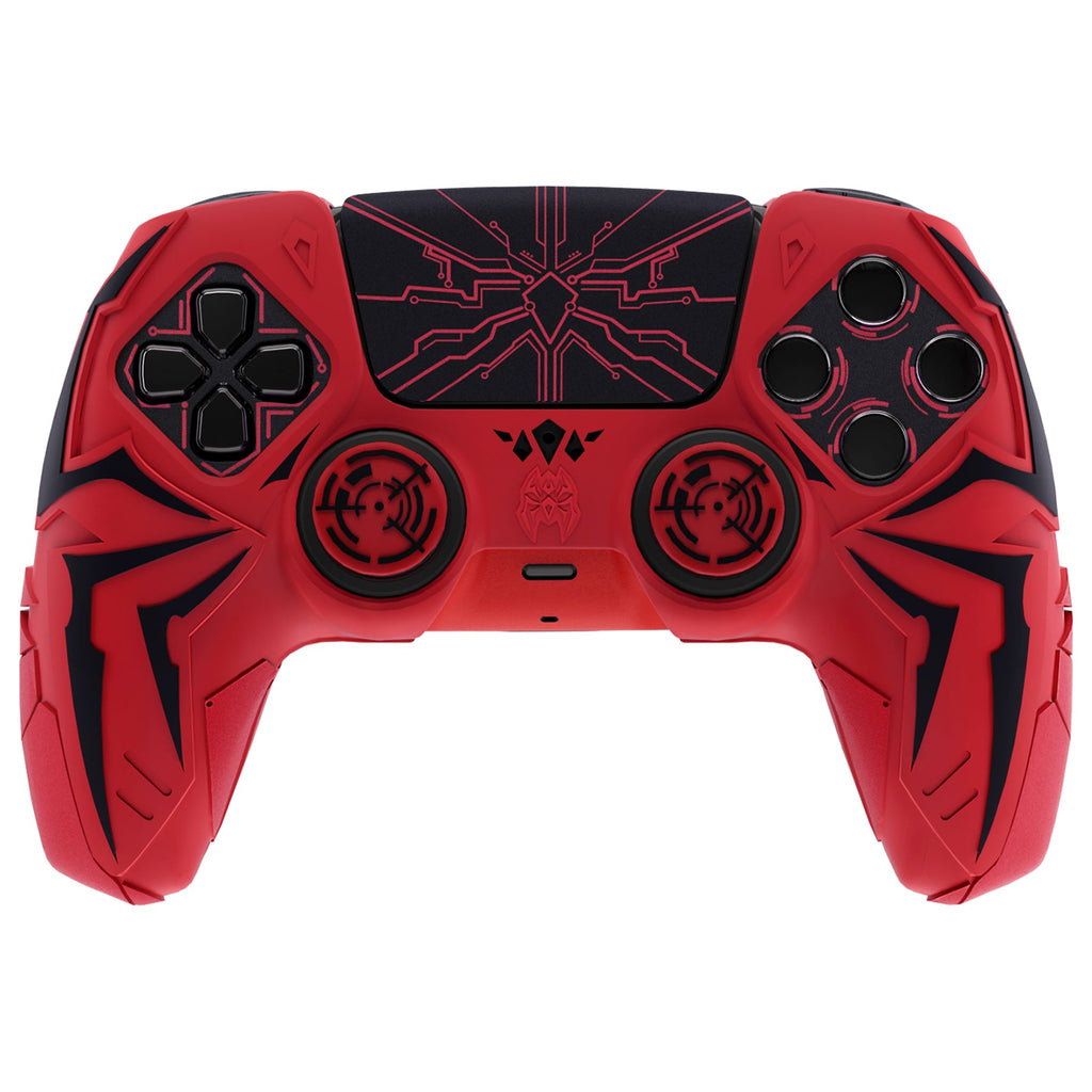 PlayVital Cyber Spider Design Silicone Case for PS5 Controller with 2 Thumb Grips and 6 Sticker, Compatible with Charging Dock - Red & Black PlayVital
