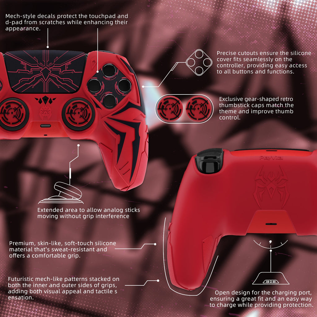 PlayVital Cyber Spider Design Silicone Case for PS5 Controller with 2 Thumb Grips and 6 Sticker, Compatible with Charging Dock - Red & Black PlayVital