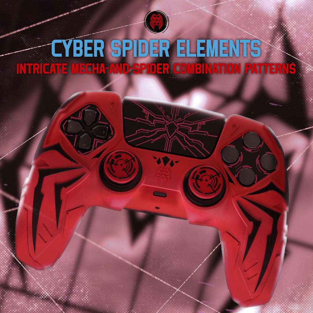 PlayVital Cyber Spider Design Silicone Case for PS5 Controller with 2 Thumb Grips and 6 Sticker, Compatible with Charging Dock - Red & Black PlayVital