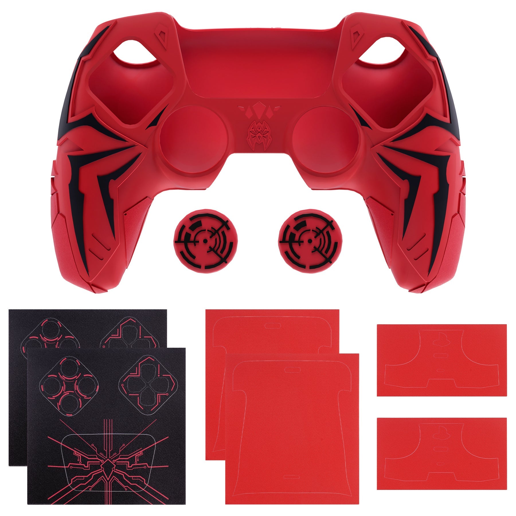 PlayVital Cyber Spider Design Silicone Case for PS5 Controller with 2 Thumb Grips and 6 Sticker, Compatible with Charging Dock - Red & Black PlayVital
