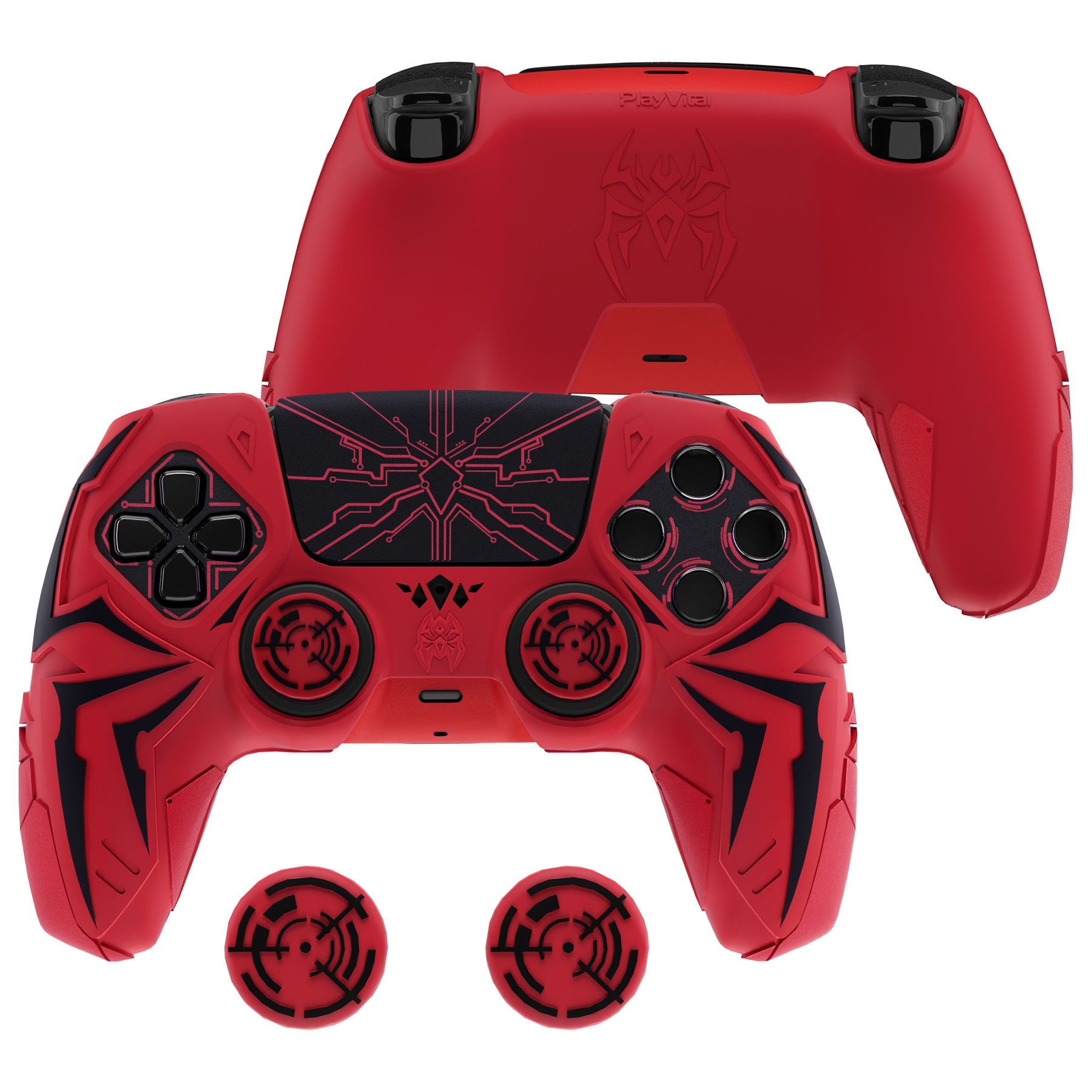 PlayVital Cyber Spider Design Silicone Case for PS5 Controller with 2 Thumb Grips and 6 Sticker, Compatible with Charging Dock - Red & Black PlayVital
