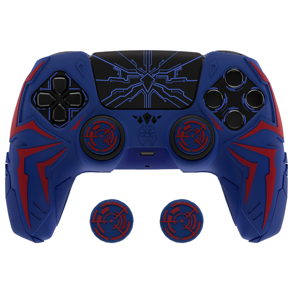PlayVital Cyber Spider Design Silicone Case for PS5 Controller with 2 Thumb Grips and 6 Sticker, Compatible with Charging Dock - Red & Blue PlayVital