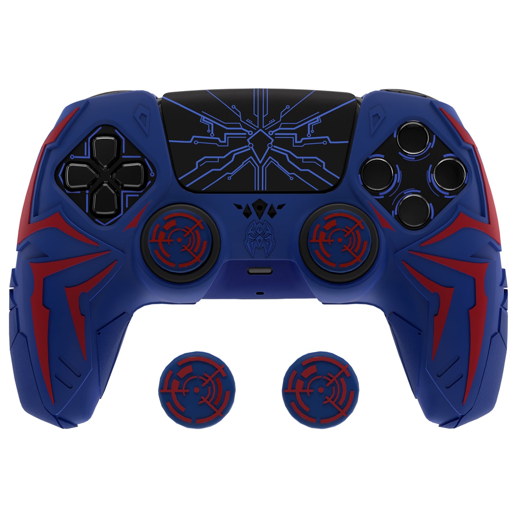 PlayVital Cyber Spider Design Silicone Case for PS5 Controller with 2 Thumb Grips and 6 Sticker, Compatible with Charging Dock - Red & Blue PlayVital