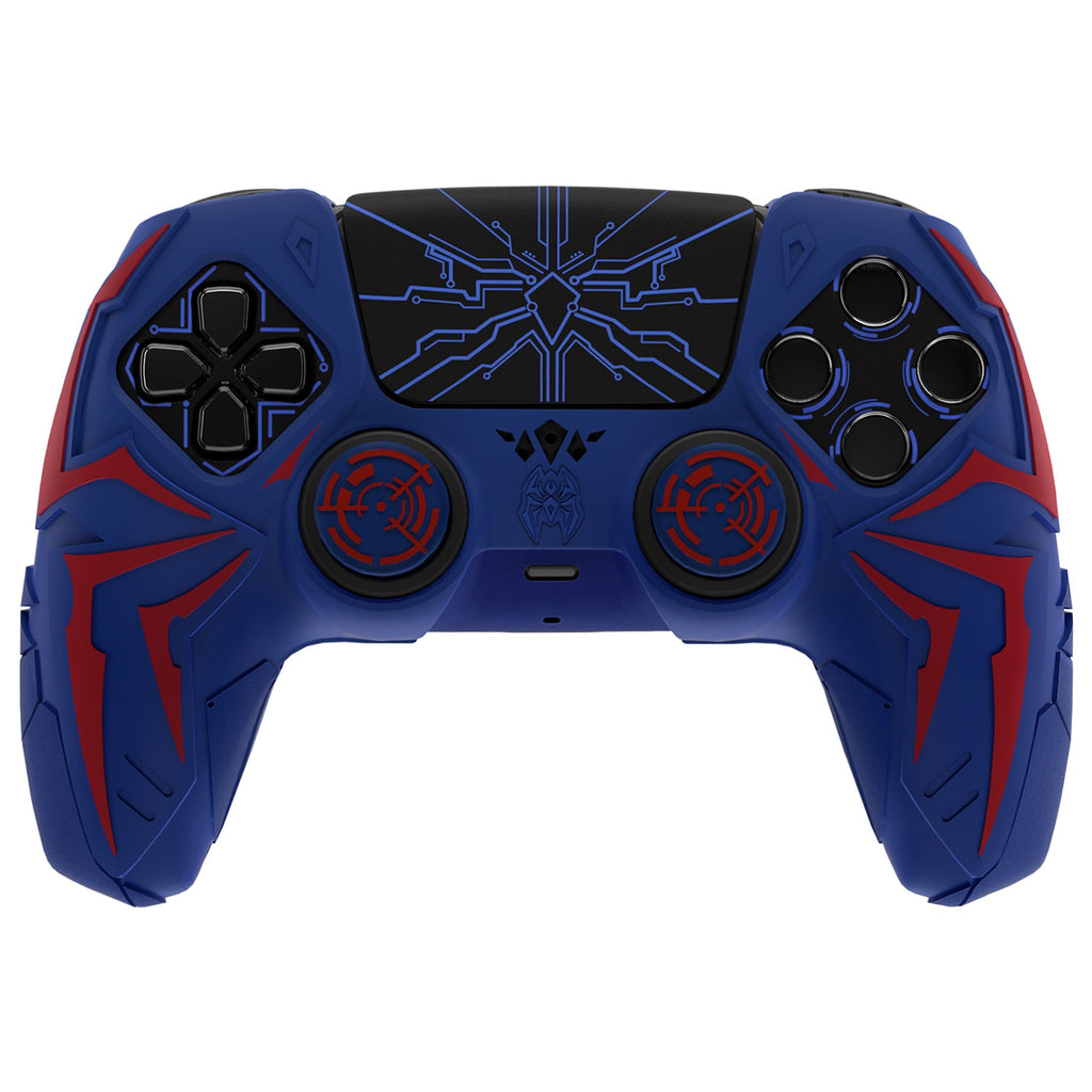 PlayVital Cyber Spider Design Silicone Case for PS5 Controller with 2 Thumb Grips and 6 Sticker, Compatible with Charging Dock - Red & Blue PlayVital