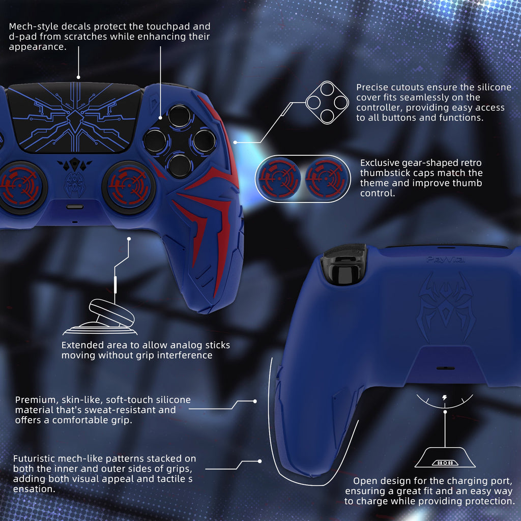 PlayVital Cyber Spider Design Silicone Case for PS5 Controller with 2 Thumb Grips and 6 Sticker, Compatible with Charging Dock - Red & Blue PlayVital