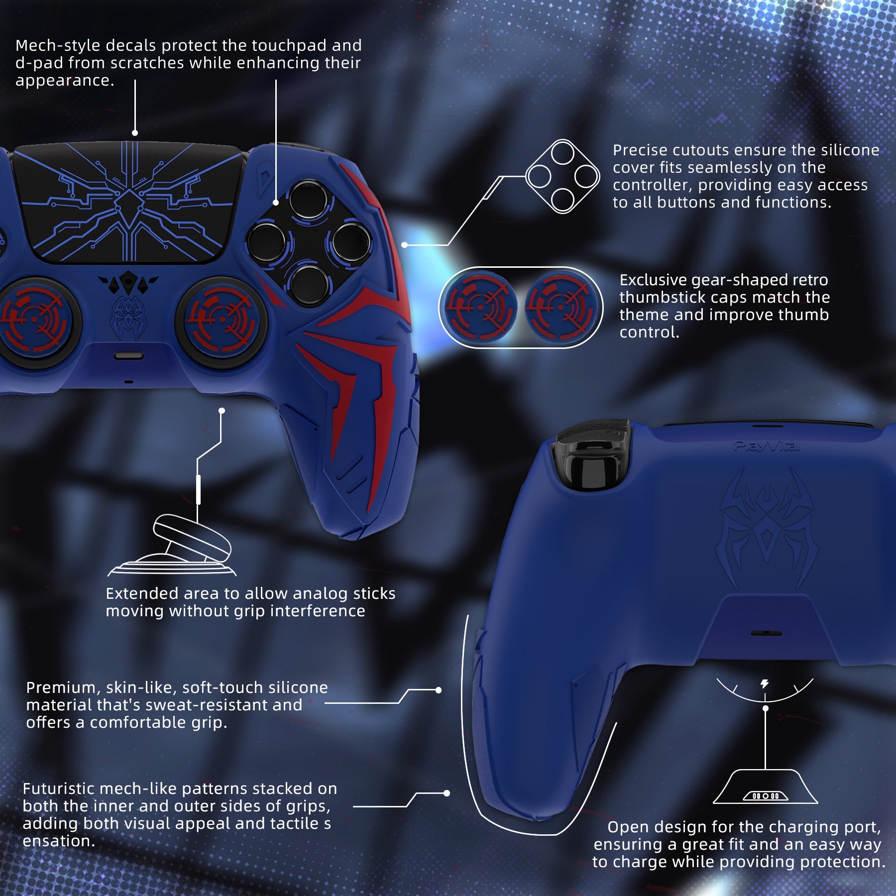 PlayVital Cyber Spider Design Silicone Case for PS5 Controller with 2 Thumb Grips and 6 Sticker, Compatible with Charging Dock - Red & Blue PlayVital