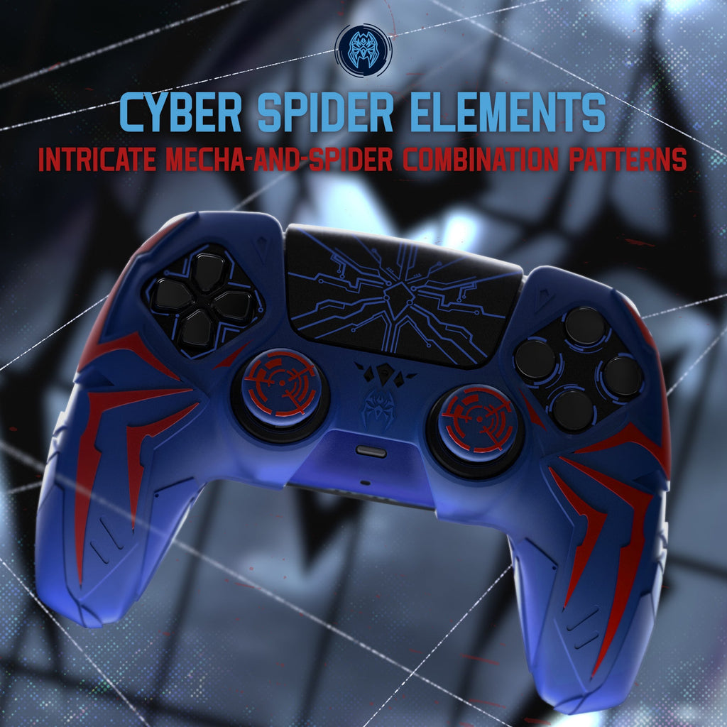 PlayVital Cyber Spider Design Silicone Case for PS5 Controller with 2 Thumb Grips and 6 Sticker, Compatible with Charging Dock - Red & Blue PlayVital