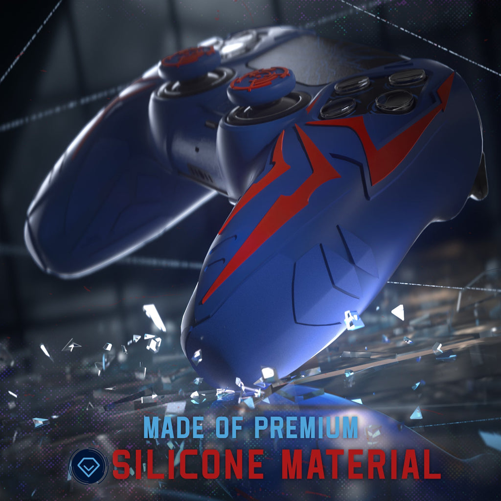 PlayVital Cyber Spider Design Silicone Case for PS5 Controller with 2 Thumb Grips and 6 Sticker, Compatible with Charging Dock - Red & Blue PlayVital