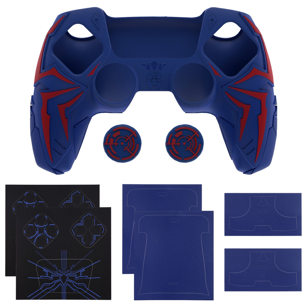 PlayVital Cyber Spider Design Silicone Case for PS5 Controller with 2 Thumb Grips and 6 Sticker, Compatible with Charging Dock - Red & Blue PlayVital