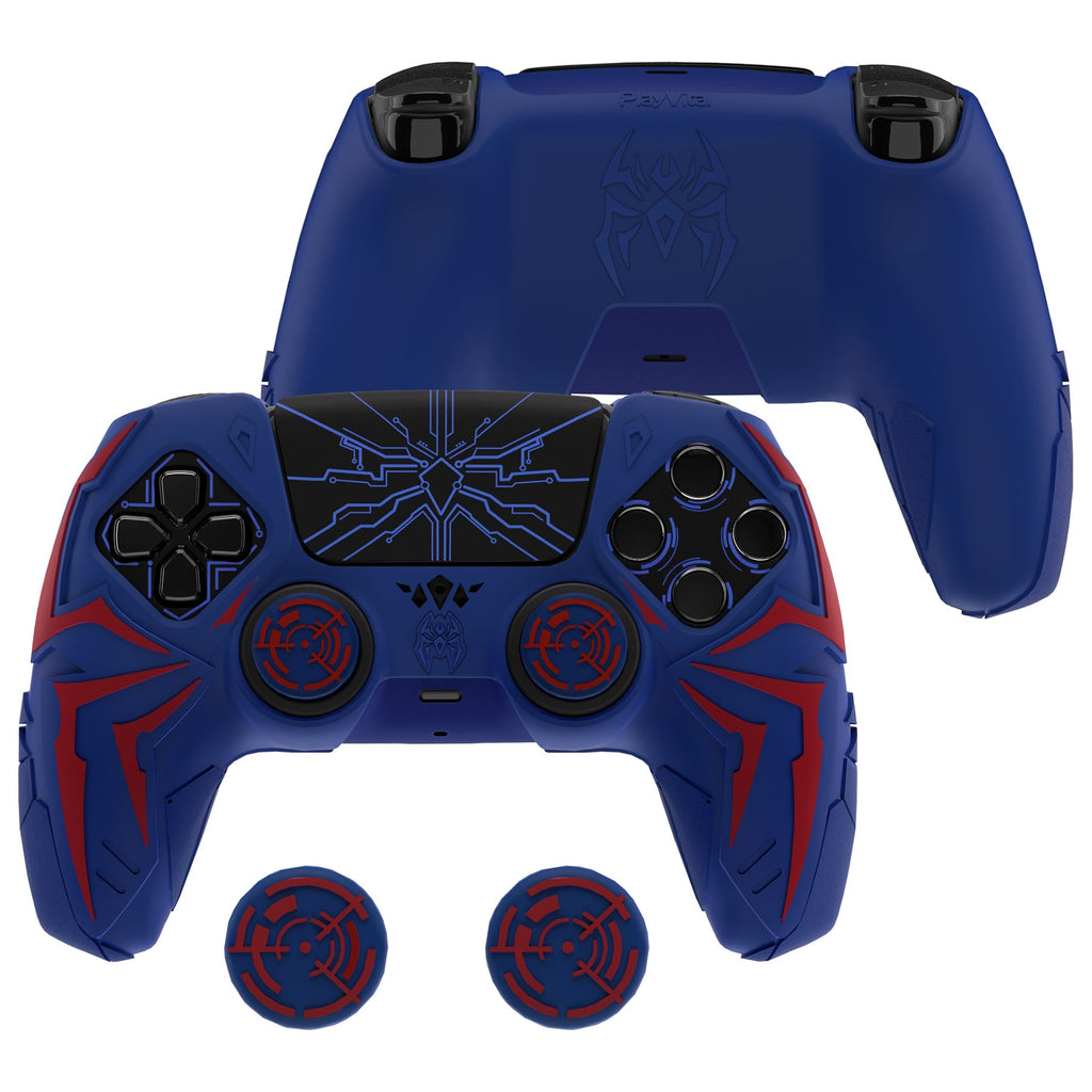 PlayVital Cyber Spider Design Silicone Case for PS5 Controller with 2 Thumb Grips and 6 Sticker, Compatible with Charging Dock - Red & Blue PlayVital