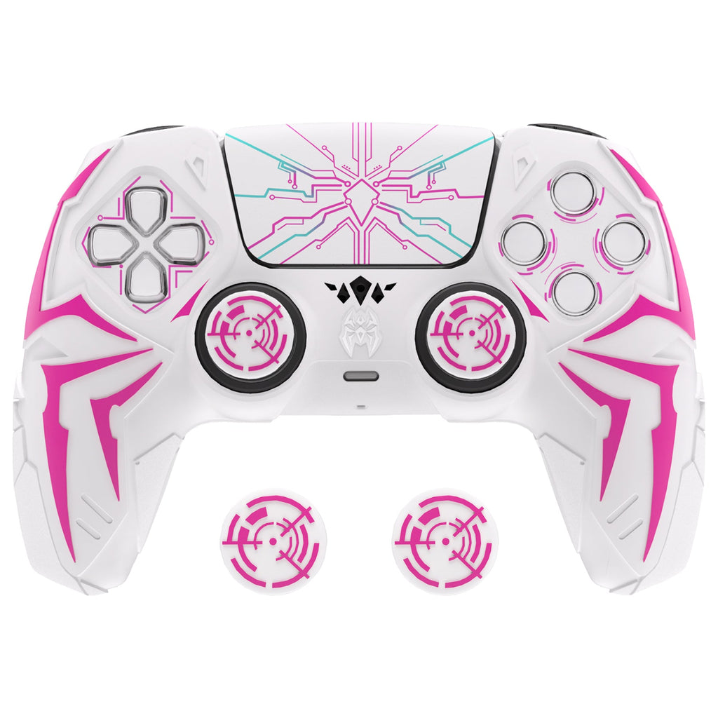 PlayVital Cyber Spider Design Silicone Case for PS5 Controller with 2 Thumb Grips and 6 Sticker, Compatible with Charging Dock - White & Pink PlayVital