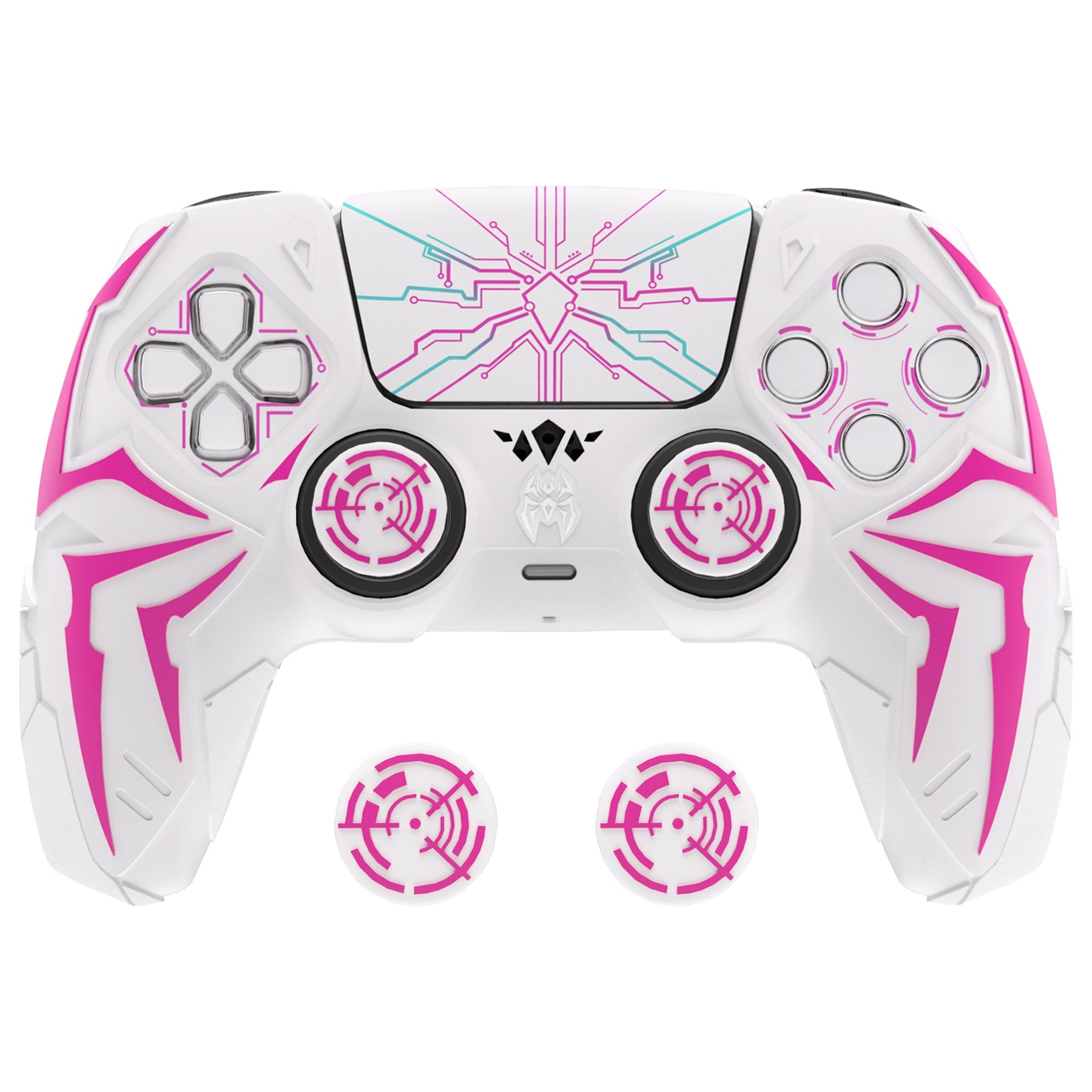 PlayVital Cyber Spider Design Silicone Case for PS5 Controller with 2 Thumb Grips and 6 Sticker, Compatible with Charging Dock - White & Pink PlayVital