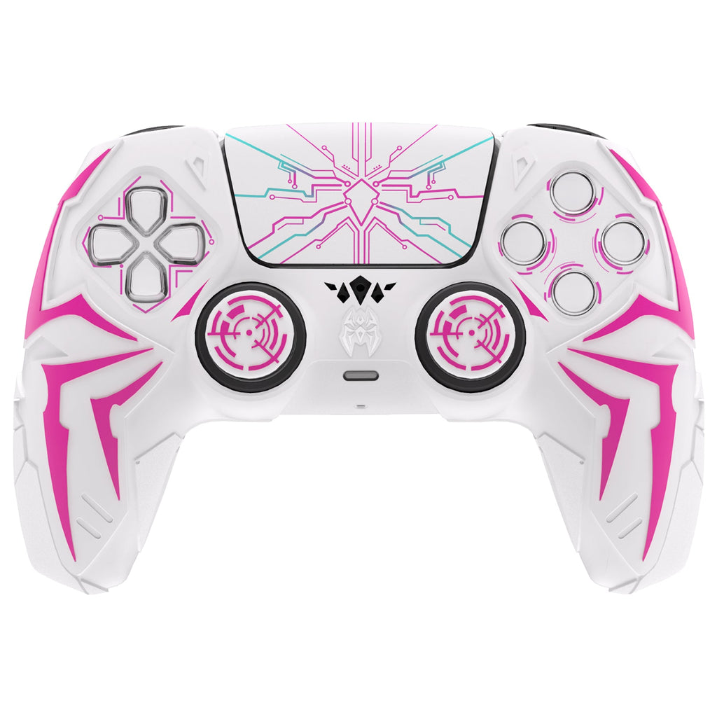PlayVital Cyber Spider Design Silicone Case for PS5 Controller with 2 Thumb Grips and 6 Sticker, Compatible with Charging Dock - White & Pink PlayVital