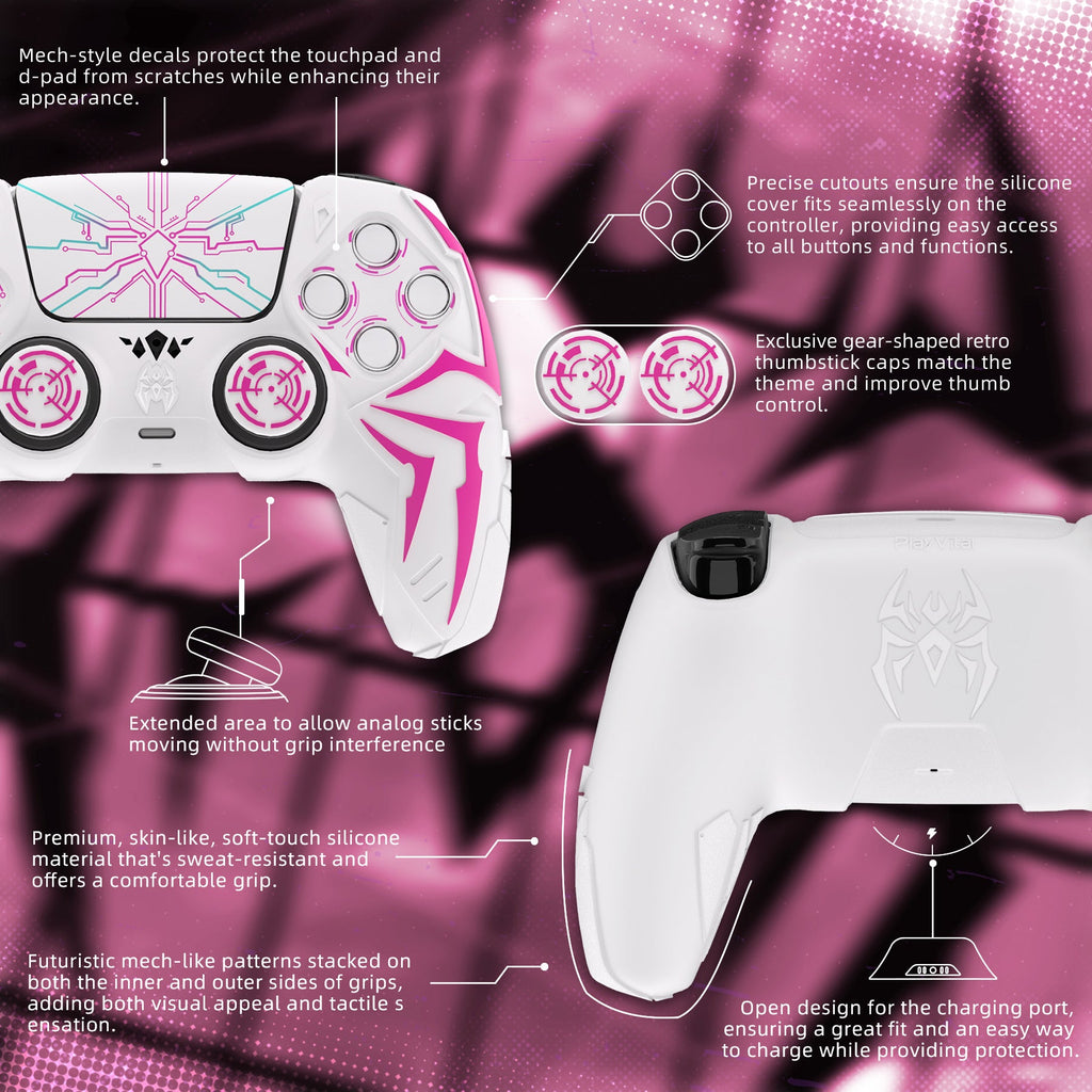 PlayVital Cyber Spider Design Silicone Case for PS5 Controller with 2 Thumb Grips and 6 Sticker, Compatible with Charging Dock - White & Pink PlayVital