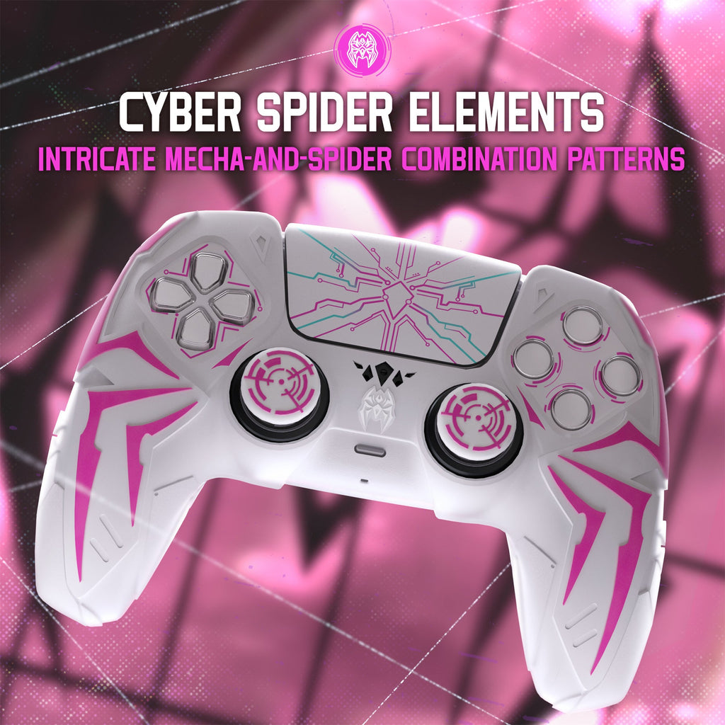 PlayVital Cyber Spider Design Silicone Case for PS5 Controller with 2 Thumb Grips and 6 Sticker, Compatible with Charging Dock - White & Pink PlayVital