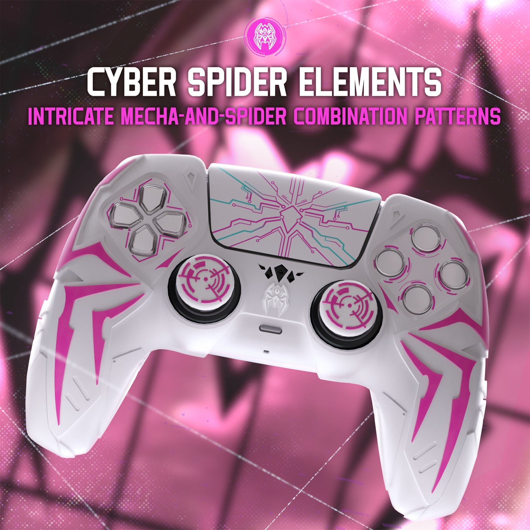 PlayVital Cyber Spider Design Silicone Case for PS5 Controller with 2 Thumb Grips and 6 Sticker, Compatible with Charging Dock - White & Pink PlayVital