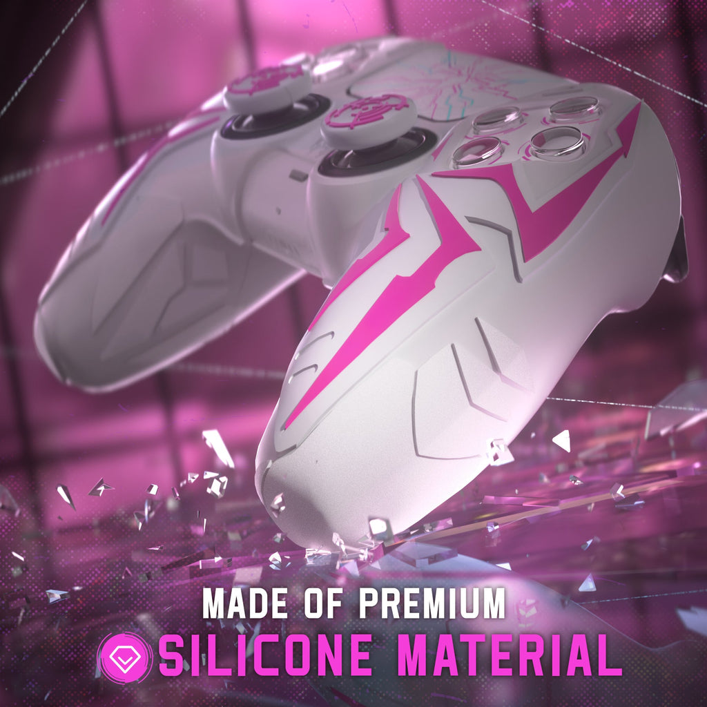 PlayVital Cyber Spider Design Silicone Case for PS5 Controller with 2 Thumb Grips and 6 Sticker, Compatible with Charging Dock - White & Pink PlayVital
