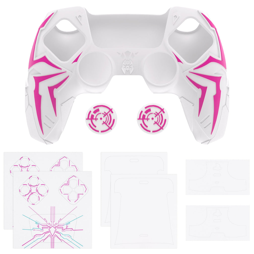 PlayVital Cyber Spider Design Silicone Case for PS5 Controller with 2 Thumb Grips and 6 Sticker, Compatible with Charging Dock - White & Pink PlayVital
