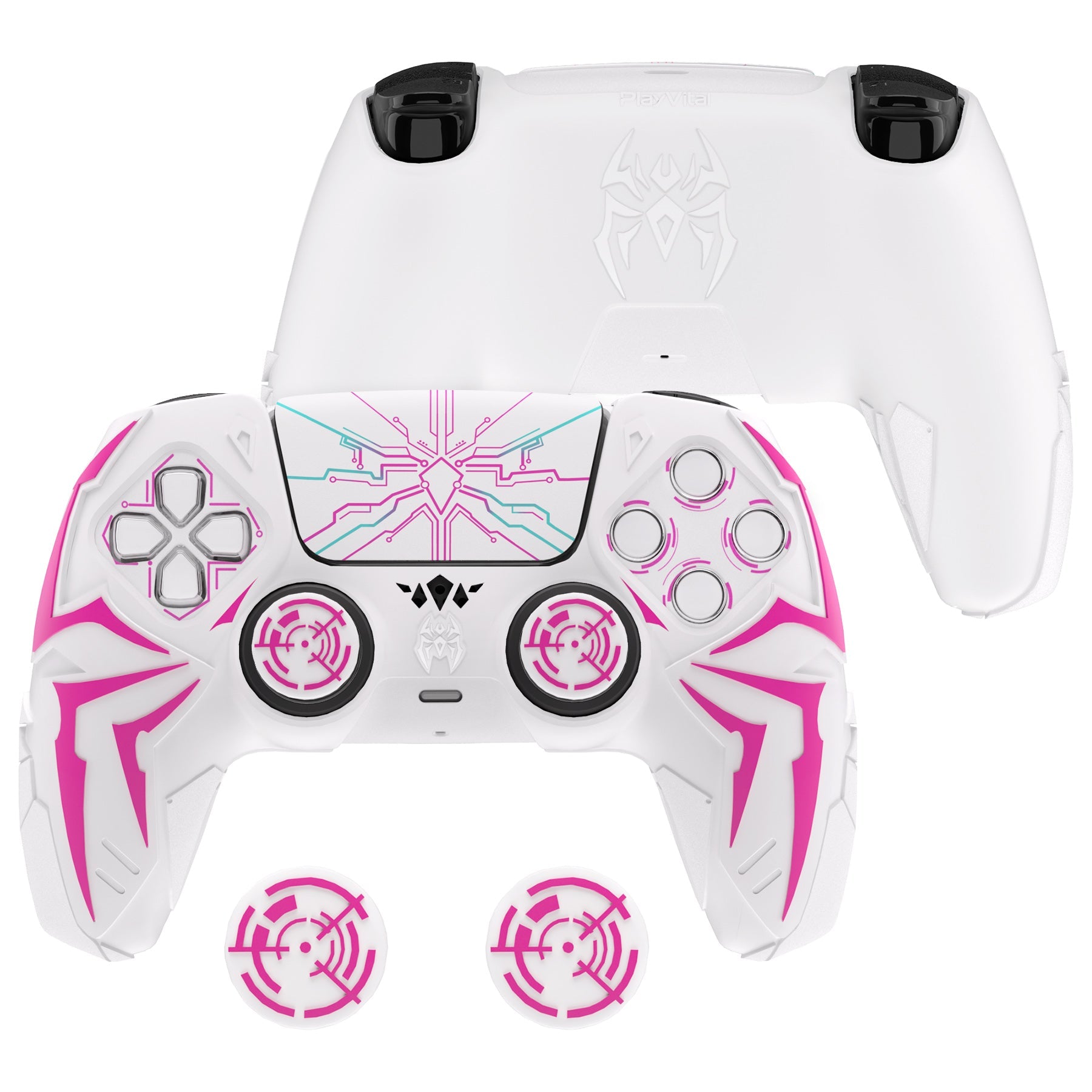 PlayVital Cyber Spider Design Silicone Case for PS5 Controller with 2 Thumb Grips and 6 Sticker, Compatible with Charging Dock - White & Pink PlayVital