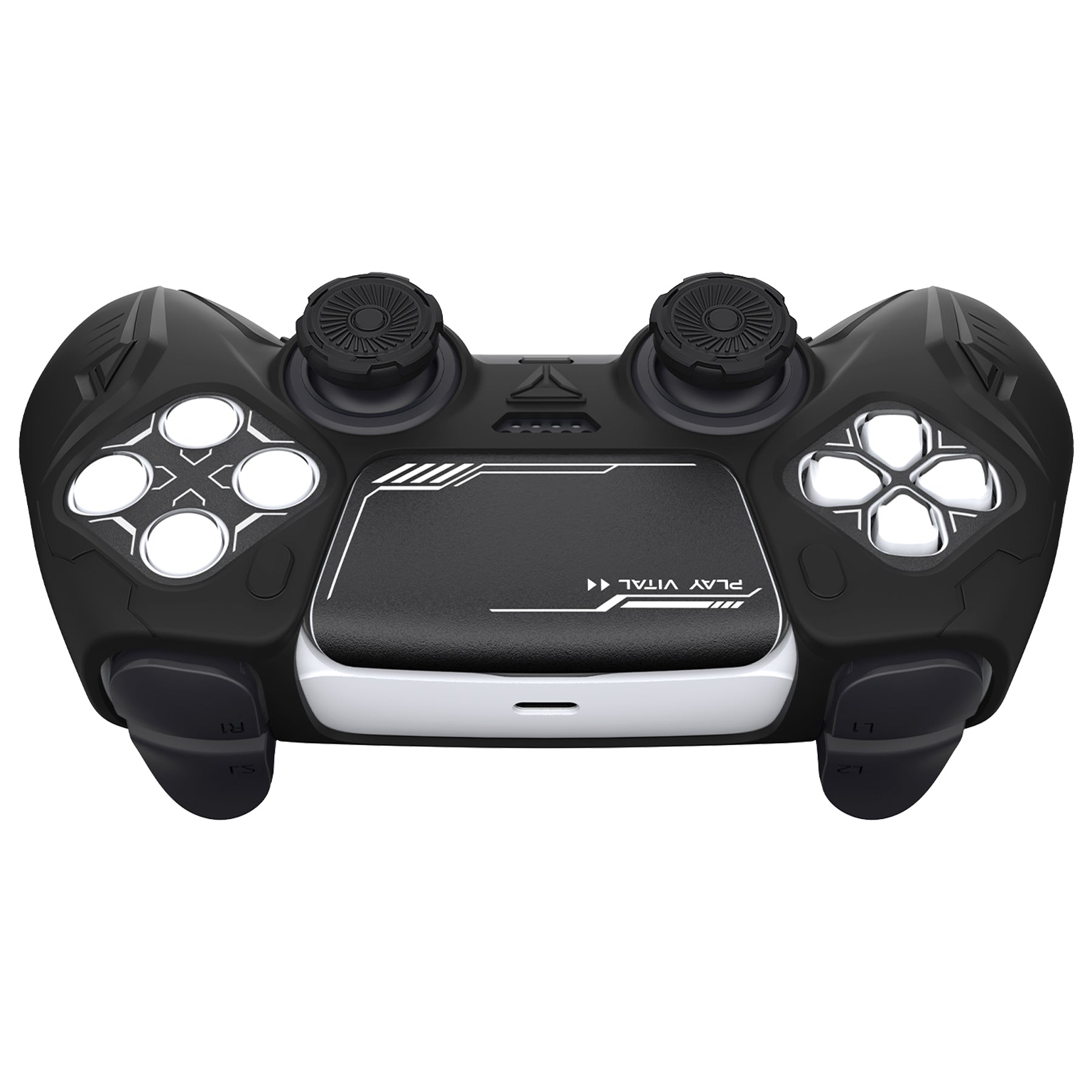 PlayVital Futuristic CyberMech Design Silicone Grip Skin with Thumb Grips for PS5 Wireless Controller, Compatible with PS5 Official Charging Dock - Black PlayVital