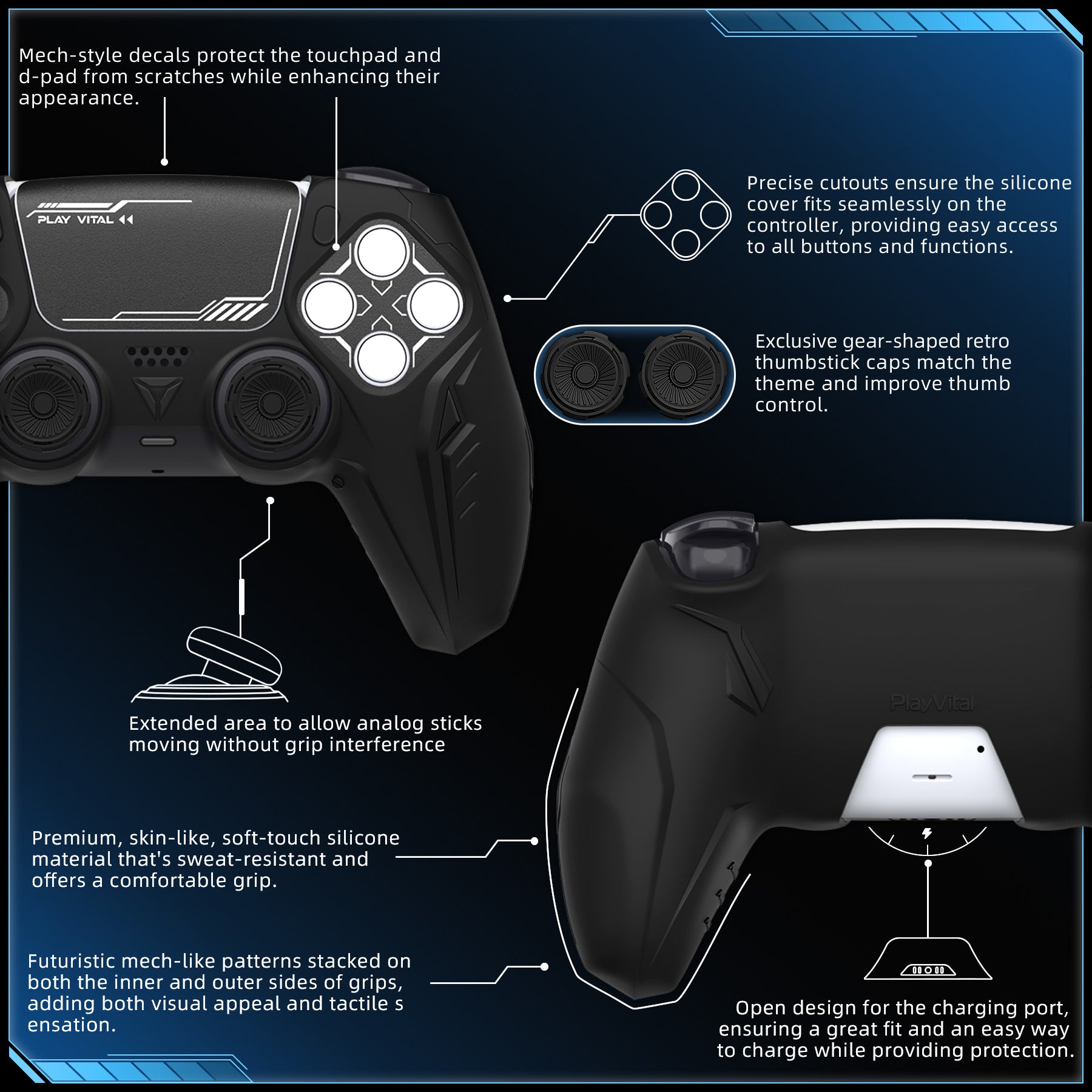 PlayVital Futuristic CyberMech Design Silicone Grip Skin with Thumb Grips for PS5 Wireless Controller, Compatible with PS5 Official Charging Dock - Black PlayVital