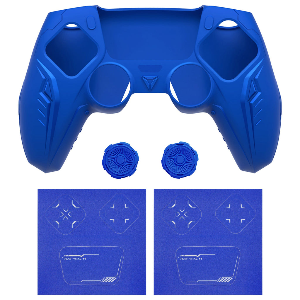 PlayVital Futuristic CyberMech Design Silicone Grip Skin with Thumb Grips for PS5 Wireless Controller, Compatible with PS5 Official Charging Dock - Blue PlayVital