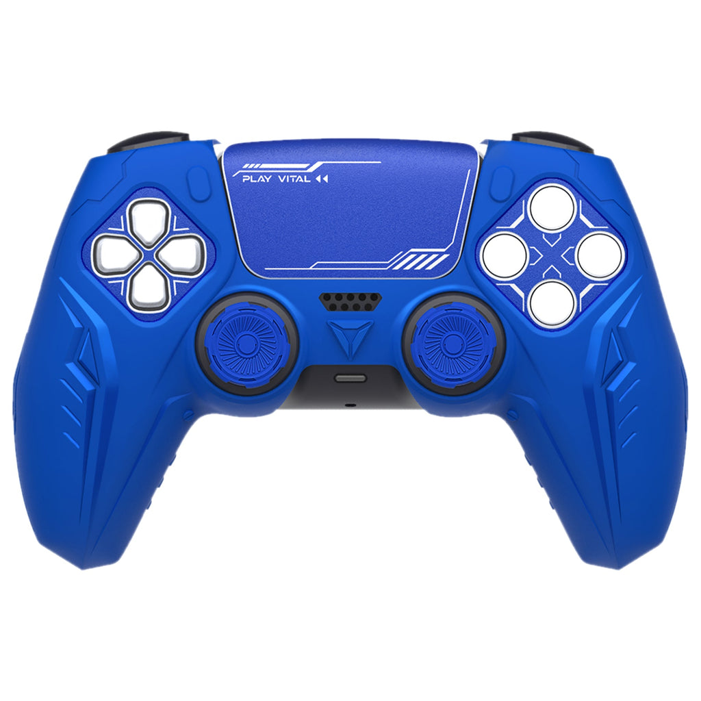 PlayVital Futuristic CyberMech Design Silicone Grip Skin with Thumb Grips for PS5 Wireless Controller, Compatible with PS5 Official Charging Dock - Blue PlayVital