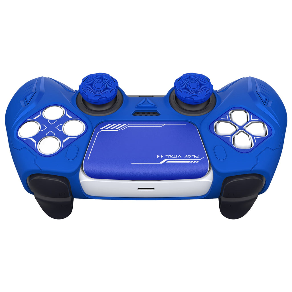 PlayVital Futuristic CyberMech Design Silicone Grip Skin with Thumb Grips for PS5 Wireless Controller, Compatible with PS5 Official Charging Dock - Blue PlayVital