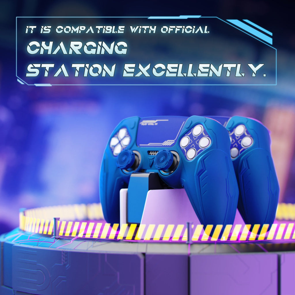 PlayVital Futuristic CyberMech Design Silicone Grip Skin with Thumb Grips for PS5 Wireless Controller, Compatible with PS5 Official Charging Dock - Blue PlayVital