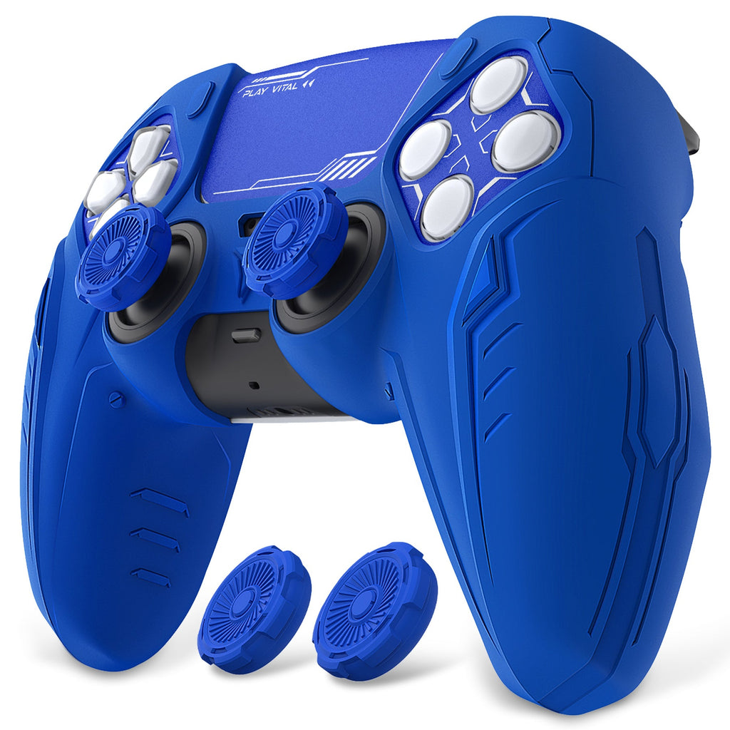 PlayVital Futuristic CyberMech Design Silicone Grip Skin with Thumb Grips for PS5 Wireless Controller, Compatible with PS5 Official Charging Dock - Blue PlayVital