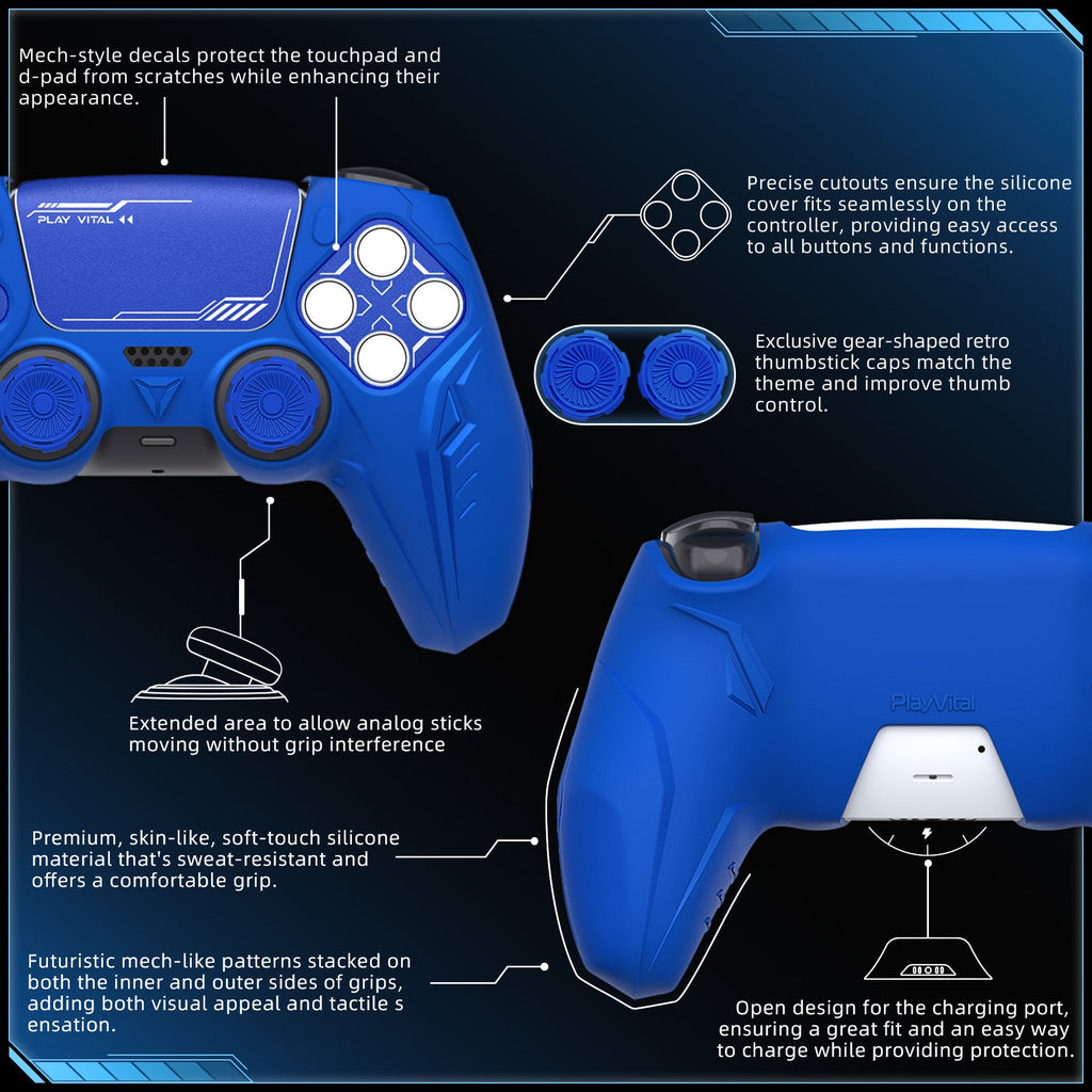 PlayVital Futuristic CyberMech Design Silicone Grip Skin with Thumb Grips for PS5 Wireless Controller, Compatible with PS5 Official Charging Dock - Blue PlayVital