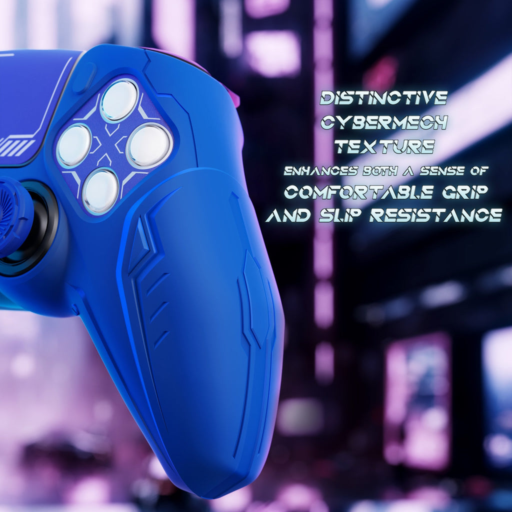 PlayVital Futuristic CyberMech Design Silicone Grip Skin with Thumb Grips for PS5 Wireless Controller, Compatible with PS5 Official Charging Dock - Blue PlayVital