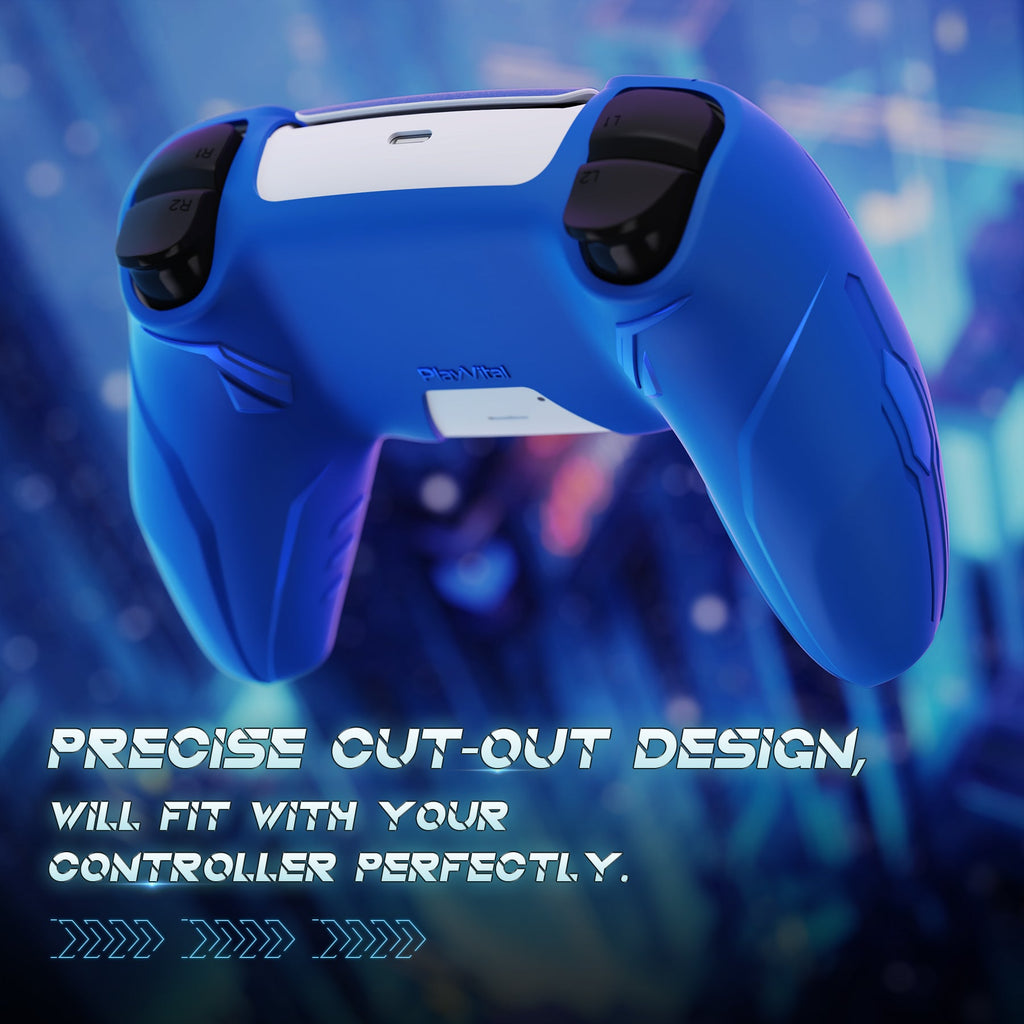 PlayVital Futuristic CyberMech Design Silicone Grip Skin with Thumb Grips for PS5 Wireless Controller, Compatible with PS5 Official Charging Dock - Blue PlayVital