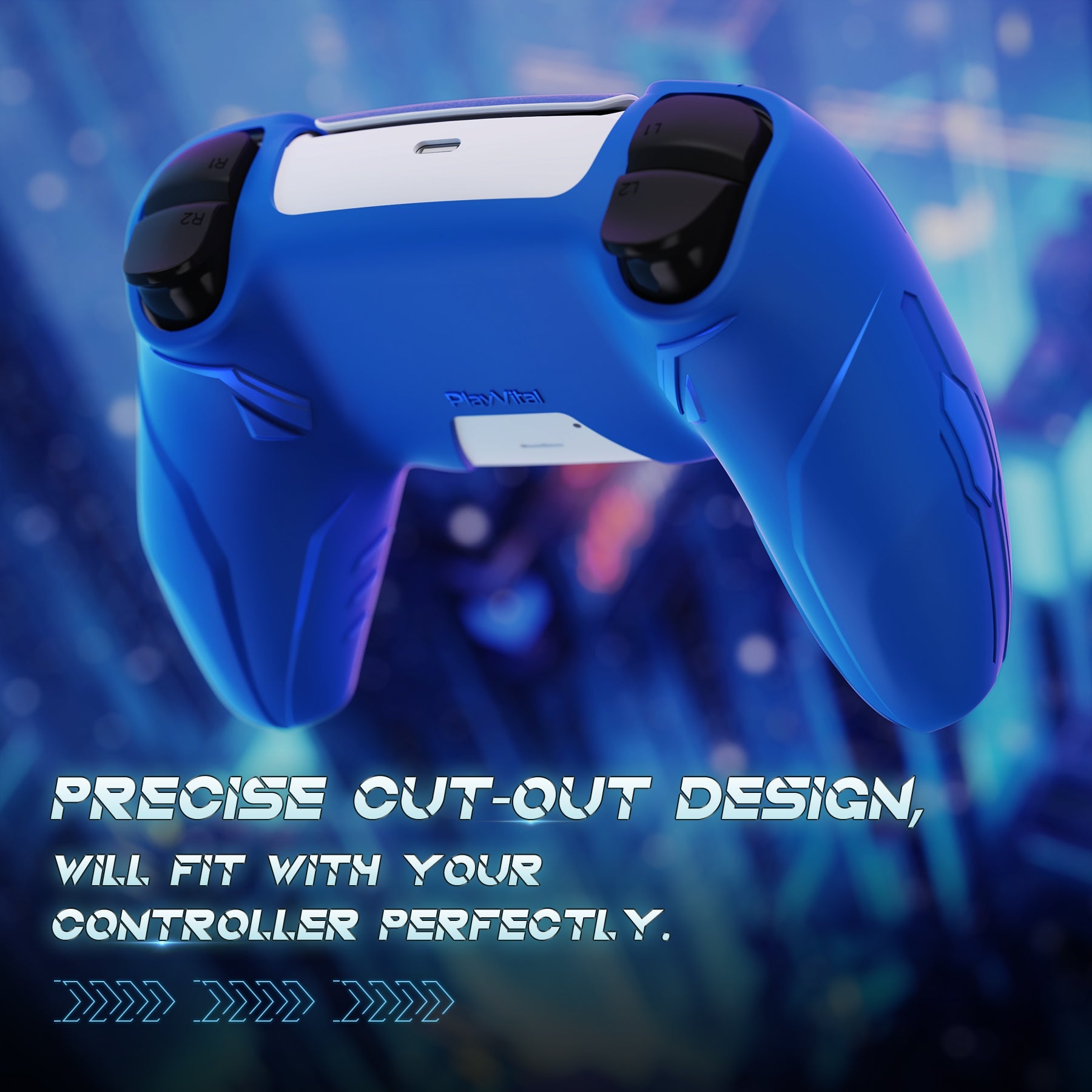 PlayVital Futuristic CyberMech Design Silicone Grip Skin with Thumb Grips for PS5 Wireless Controller, Compatible with PS5 Official Charging Dock - Blue PlayVital
