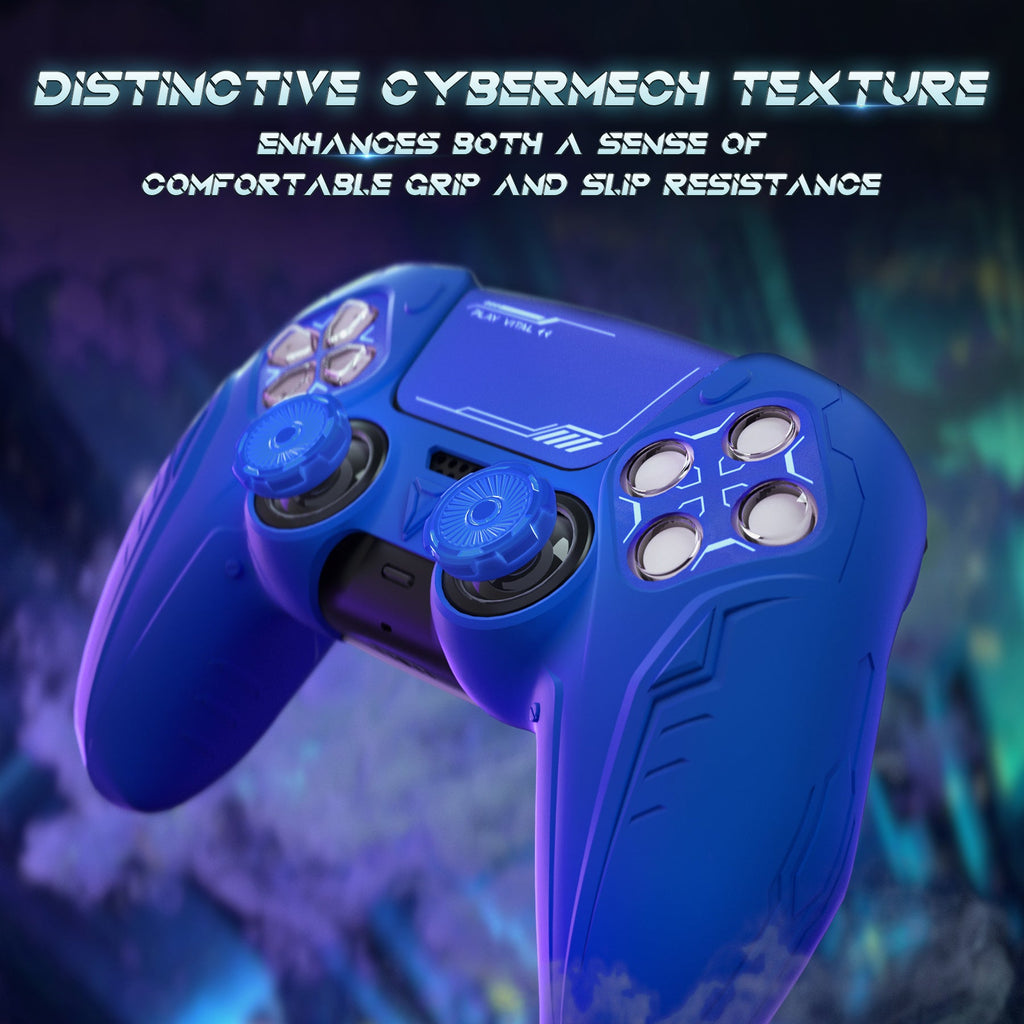 PlayVital Futuristic CyberMech Design Silicone Grip Skin with Thumb Grips for PS5 Wireless Controller, Compatible with PS5 Official Charging Dock - Blue PlayVital