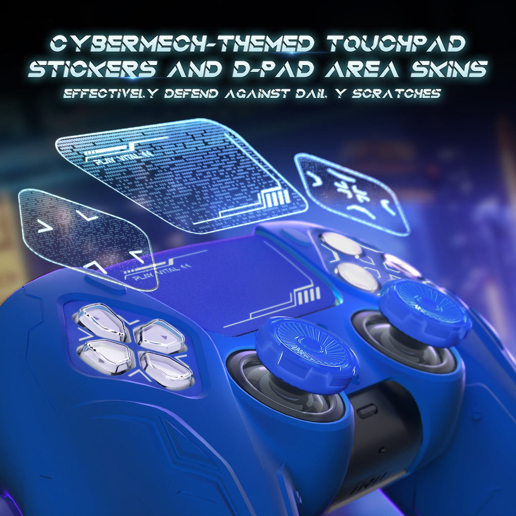 PlayVital Futuristic CyberMech Design Silicone Grip Skin with Thumb Grips for PS5 Wireless Controller, Compatible with PS5 Official Charging Dock - Blue PlayVital