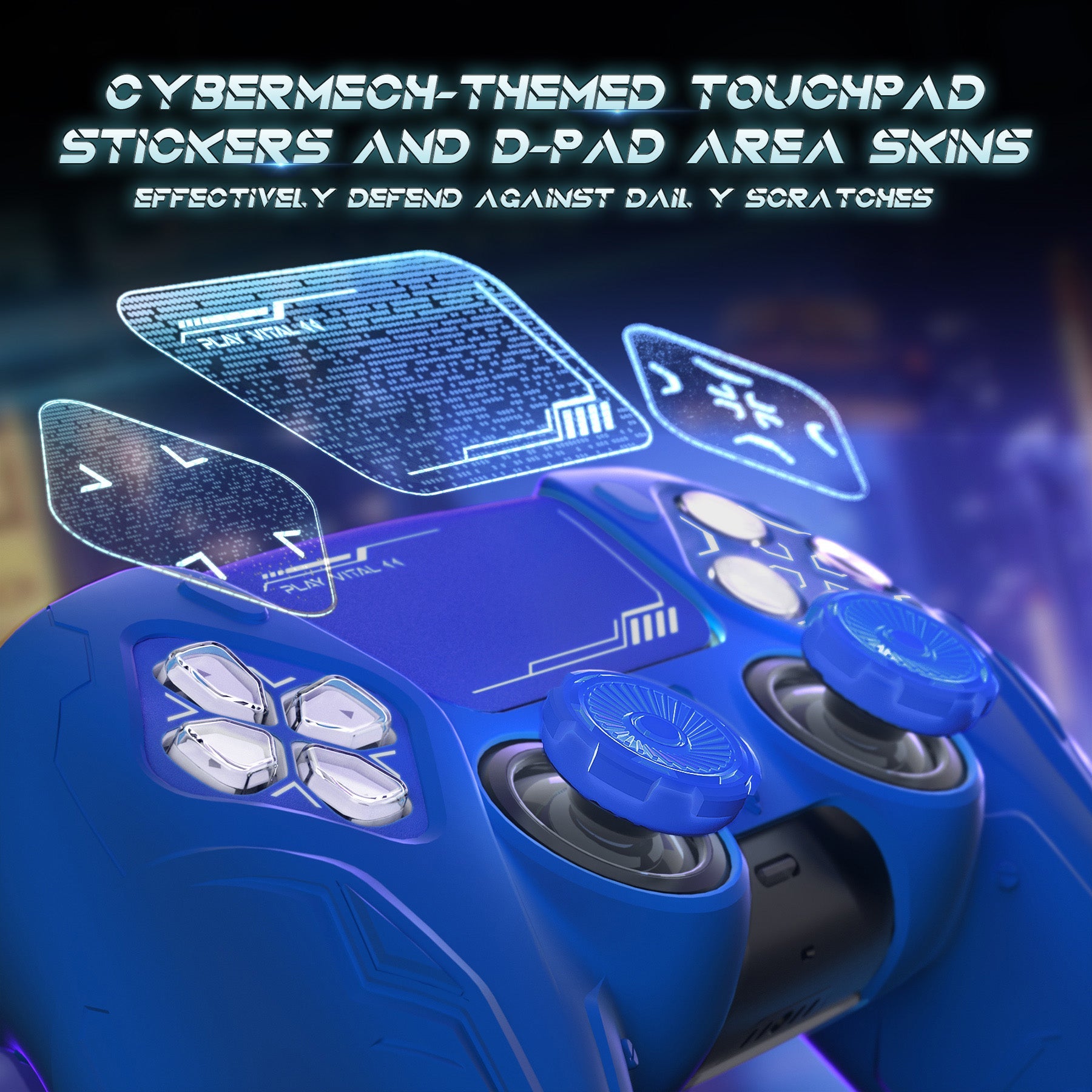 PlayVital Futuristic CyberMech Design Silicone Grip Skin with Thumb Grips for PS5 Wireless Controller, Compatible with PS5 Official Charging Dock - Blue PlayVital