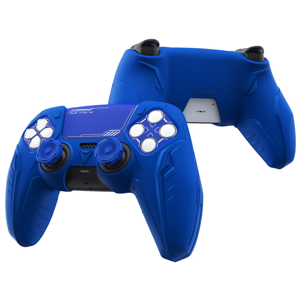 PlayVital Futuristic CyberMech Design Silicone Grip Skin with Thumb Grips for PS5 Wireless Controller, Compatible with PS5 Official Charging Dock - Blue PlayVital