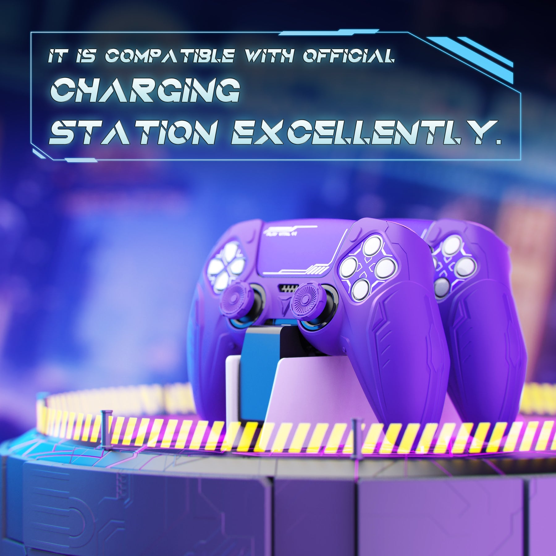 PlayVital Futuristic CyberMech Design Silicone Grip Skin with Thumb Grips for PS5 Wireless Controller, Compatible with PS5 Official Charging Dock - Purple PlayVital