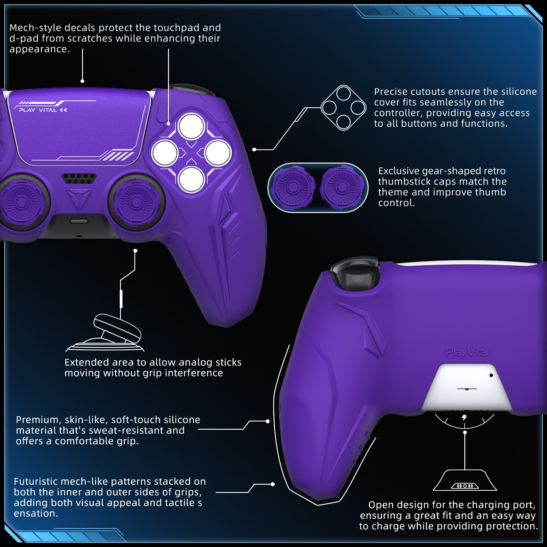 PlayVital Futuristic CyberMech Design Silicone Grip Skin with Thumb Grips for PS5 Wireless Controller, Compatible with PS5 Official Charging Dock - Purple PlayVital