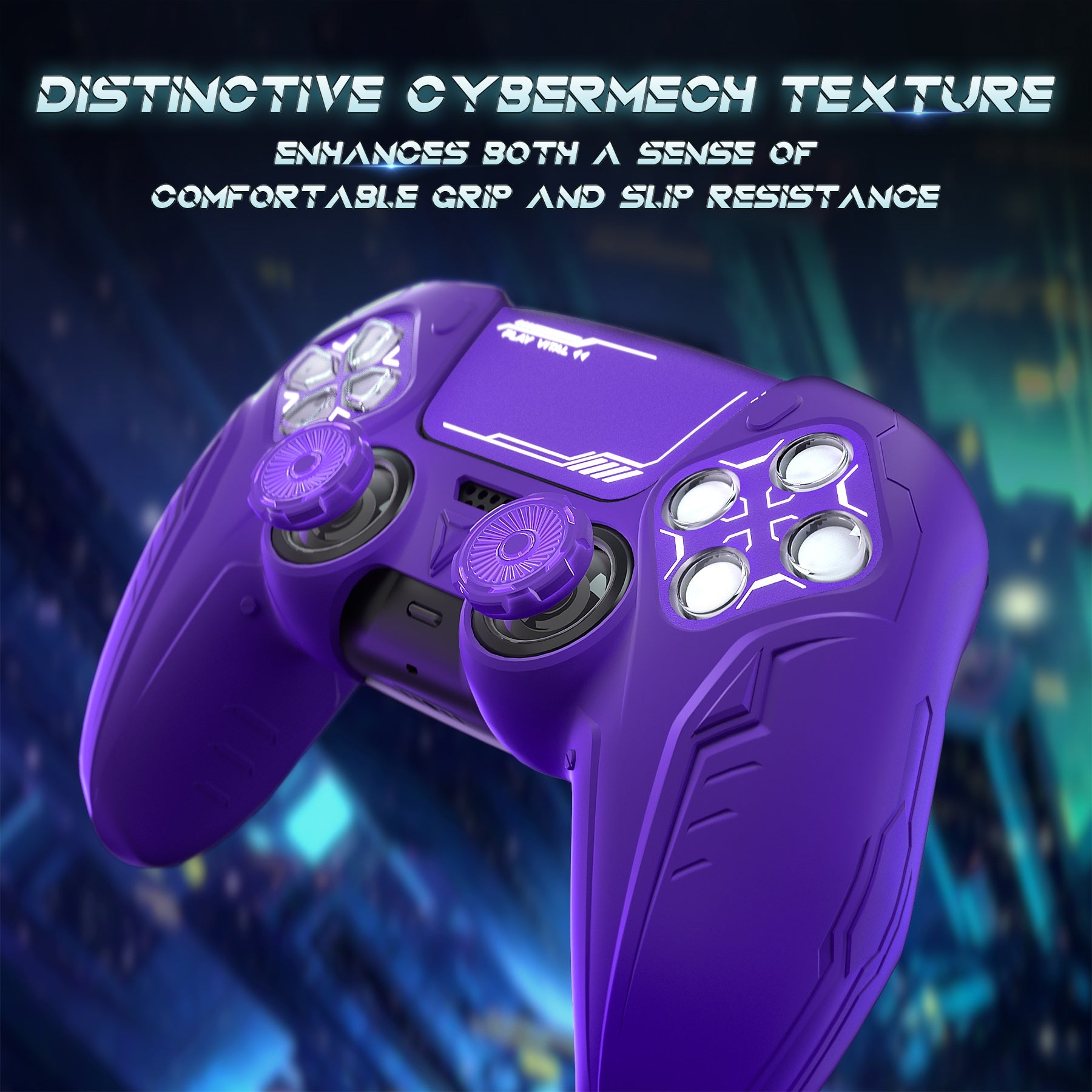 PlayVital Futuristic CyberMech Design Silicone Grip Skin with Thumb Grips for PS5 Wireless Controller, Compatible with PS5 Official Charging Dock - Purple PlayVital