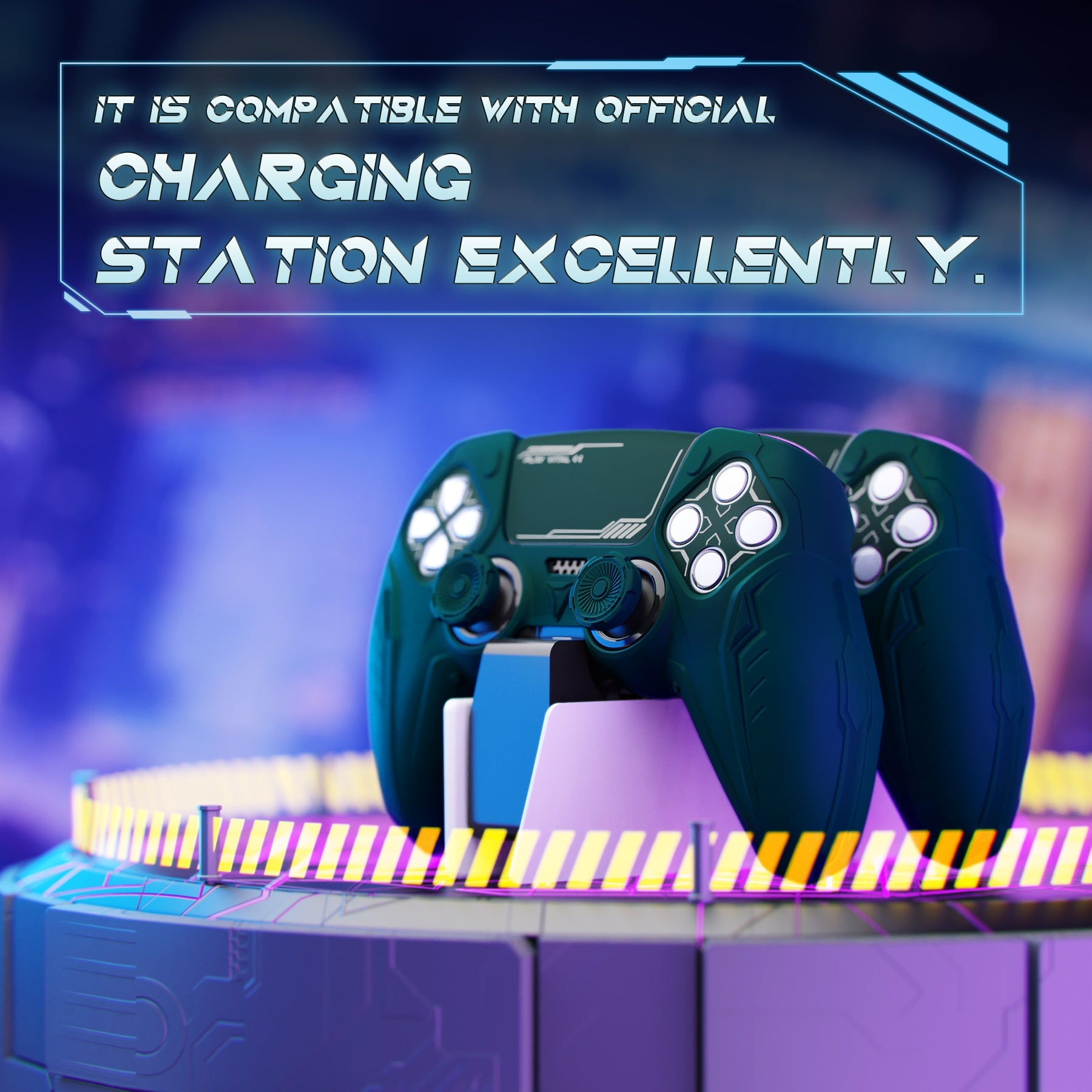 PlayVital Futuristic CyberMech Design Silicone Grip Skin with Thumb Grips for PS5 Wireless Controller, Compatible with PS5 Official Charging Dock - Racing Green PlayVital