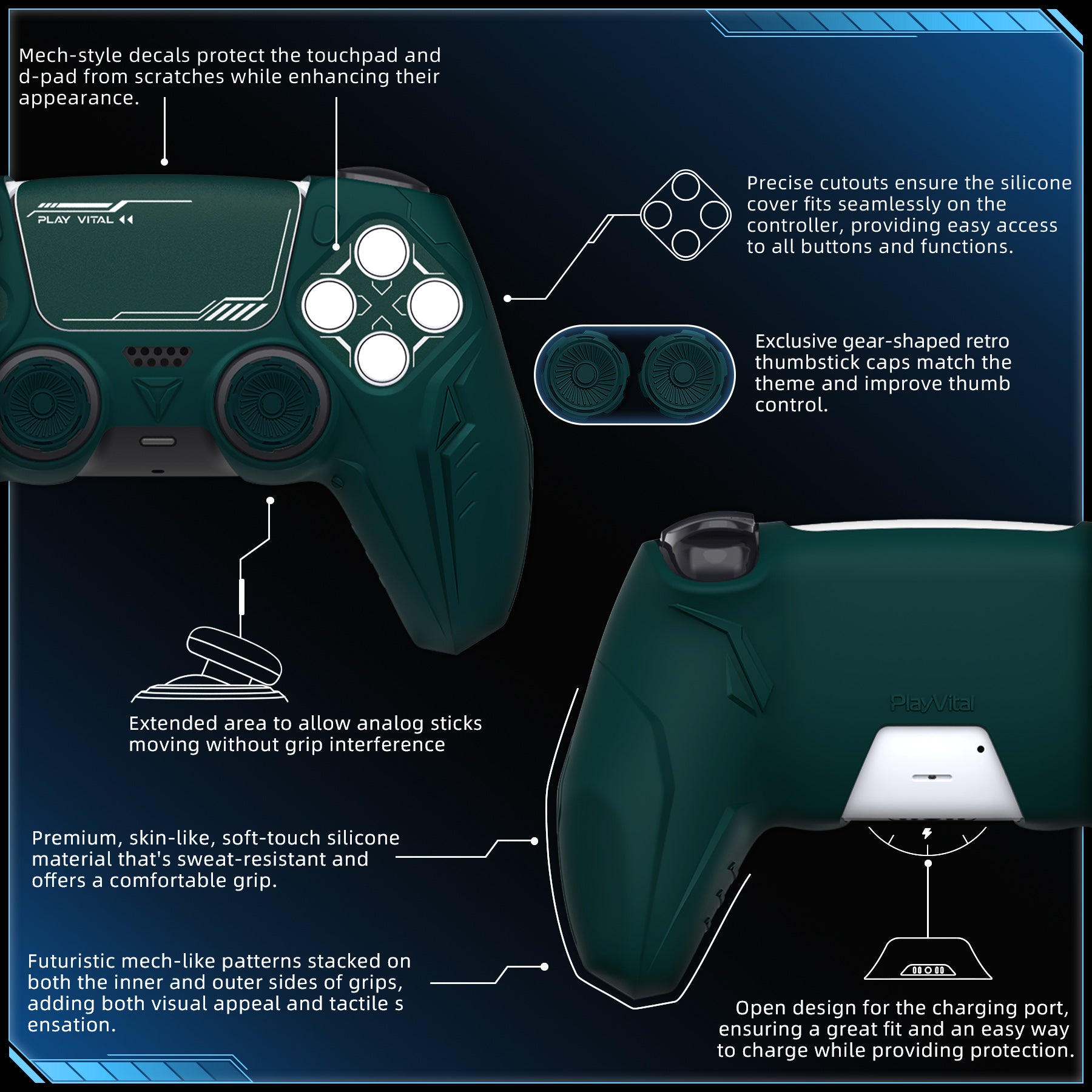PlayVital Futuristic CyberMech Design Silicone Grip Skin with Thumb Grips for PS5 Wireless Controller, Compatible with PS5 Official Charging Dock - Racing Green PlayVital