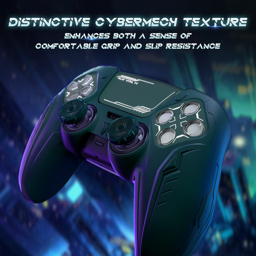 PlayVital Futuristic CyberMech Design Silicone Grip Skin with Thumb Grips for PS5 Wireless Controller, Compatible with PS5 Official Charging Dock - Racing Green PlayVital