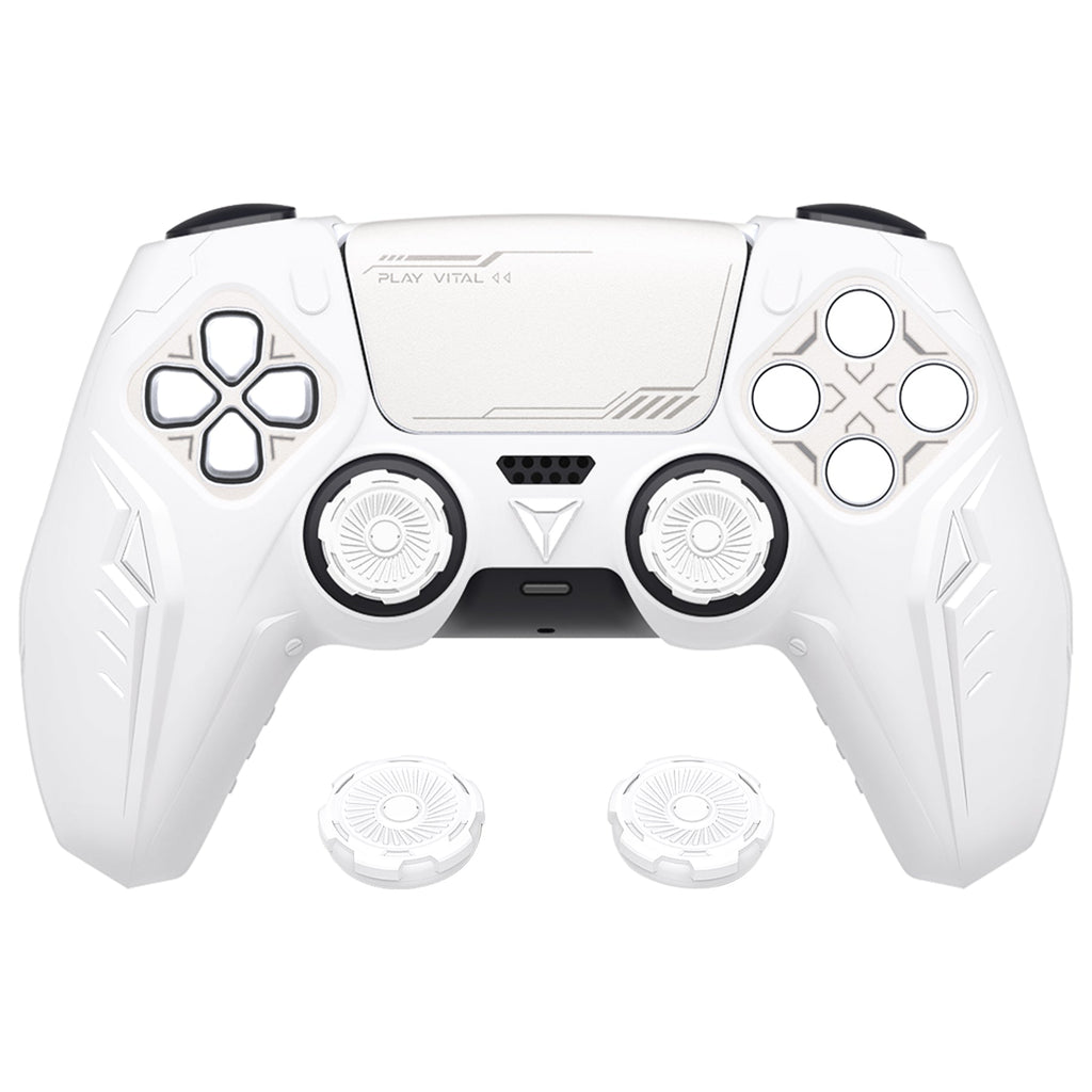 PlayVital Futuristic CyberMech Design Silicone Grip Skin with Thumb Grips for PS5 Wireless Controller, Compatible with PS5 Official Charging Dock - White PlayVital
