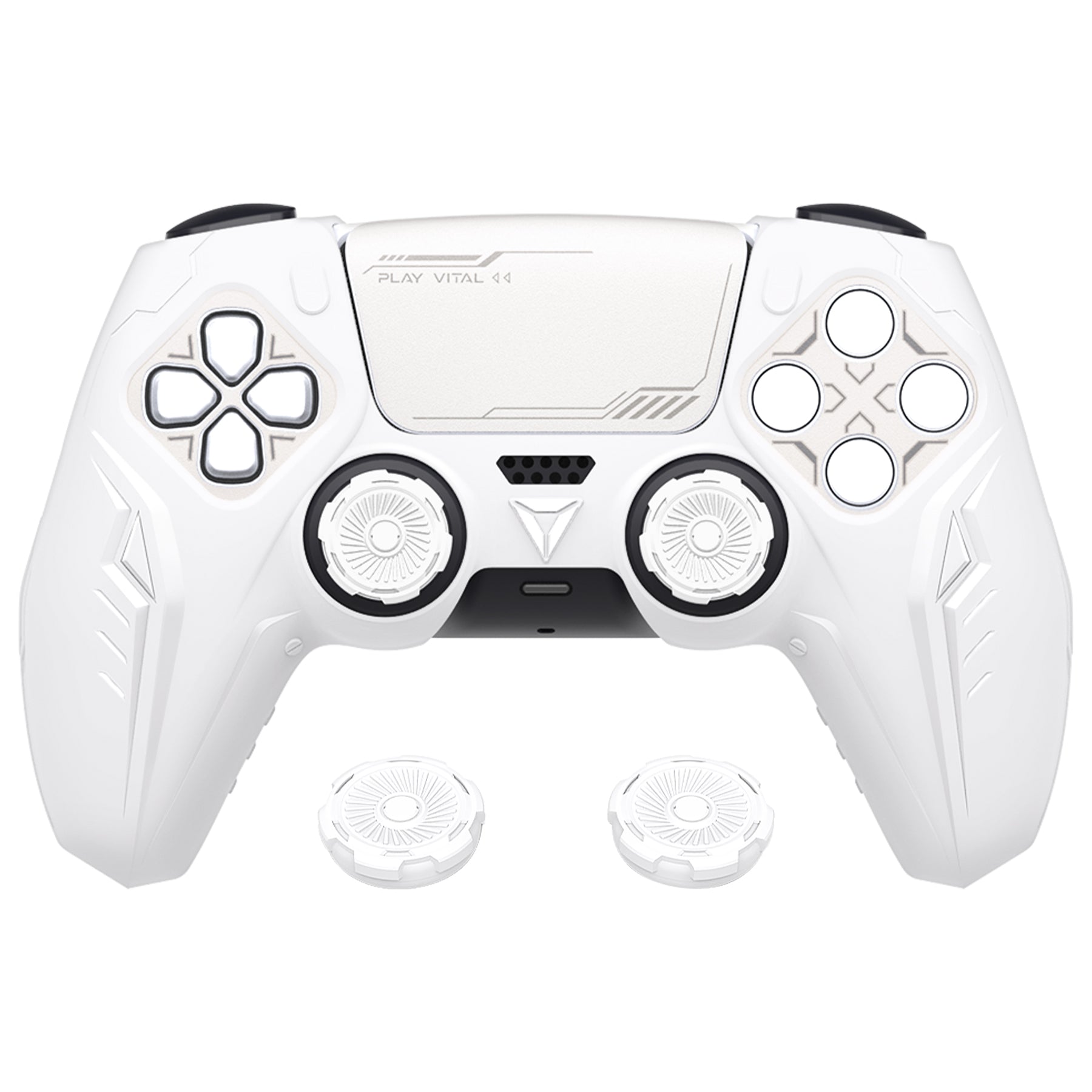 PlayVital Futuristic CyberMech Design Silicone Grip Skin with Thumb Grips for PS5 Wireless Controller, Compatible with PS5 Official Charging Dock - White PlayVital