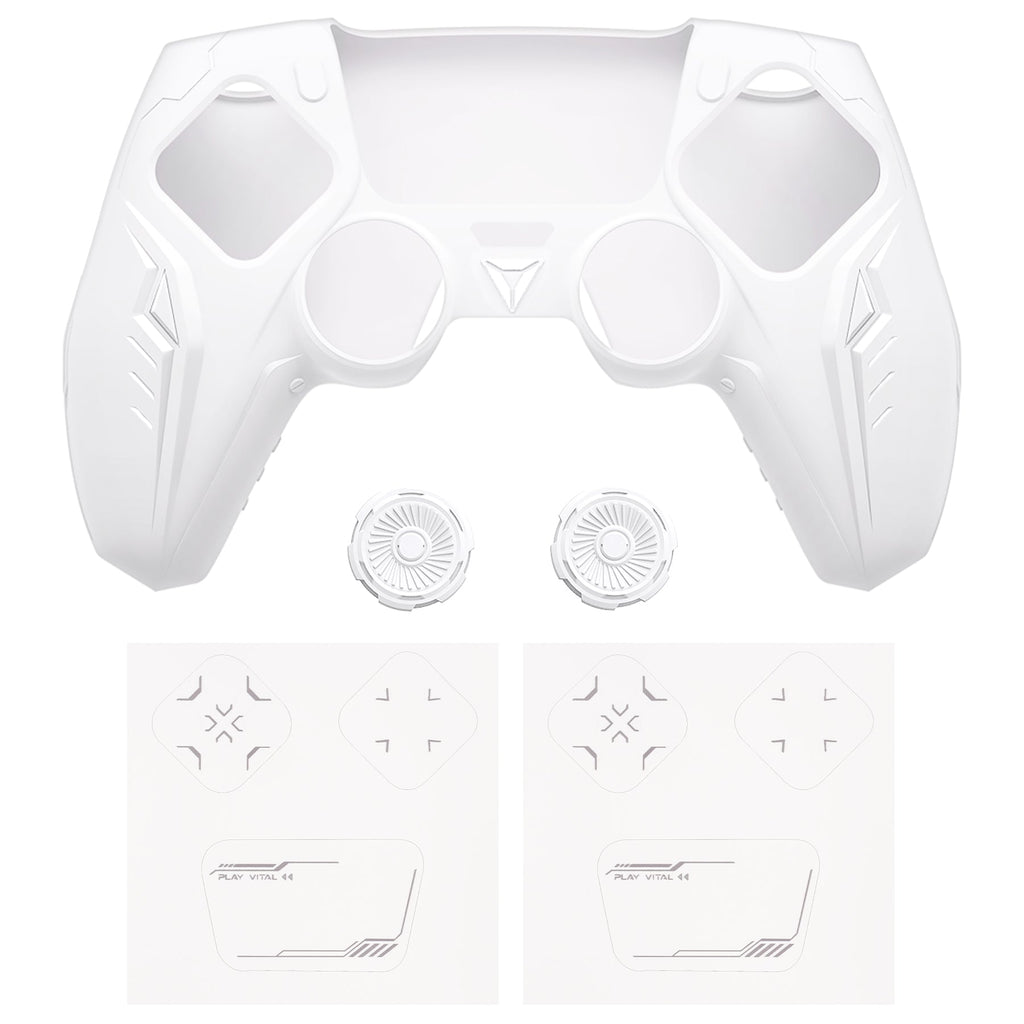 PlayVital Futuristic CyberMech Design Silicone Grip Skin with Thumb Grips for PS5 Wireless Controller, Compatible with PS5 Official Charging Dock - White PlayVital