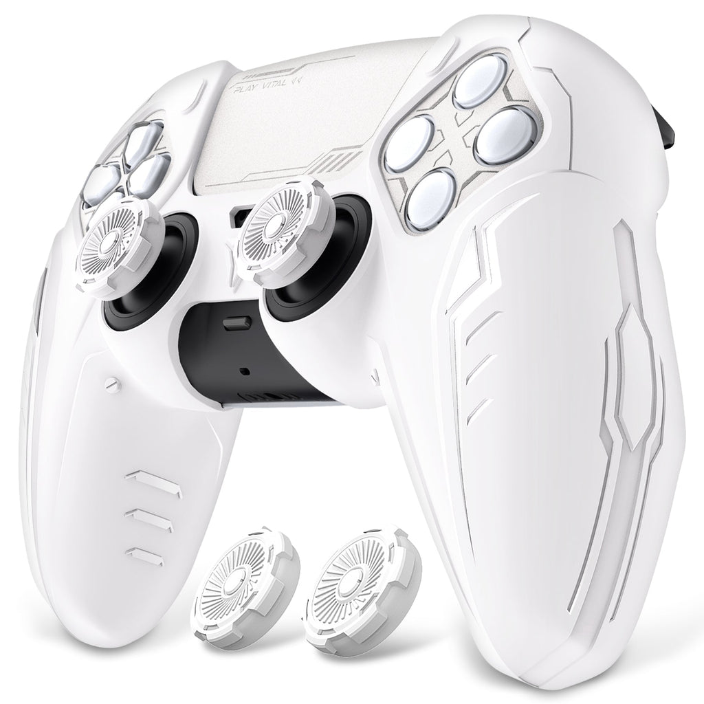 PlayVital Futuristic CyberMech Design Silicone Grip Skin with Thumb Grips for PS5 Wireless Controller, Compatible with PS5 Official Charging Dock - White PlayVital