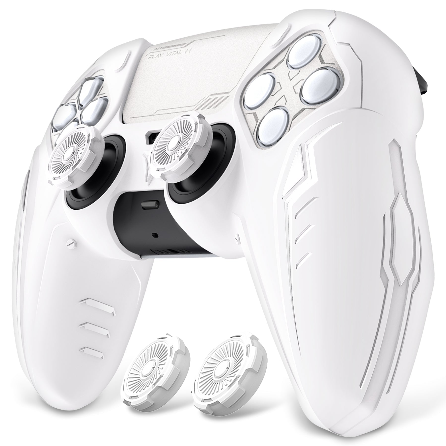PlayVital Futuristic CyberMech Design Silicone Grip Skin with Thumb Grips for PS5 Wireless Controller, Compatible with PS5 Official Charging Dock - White PlayVital