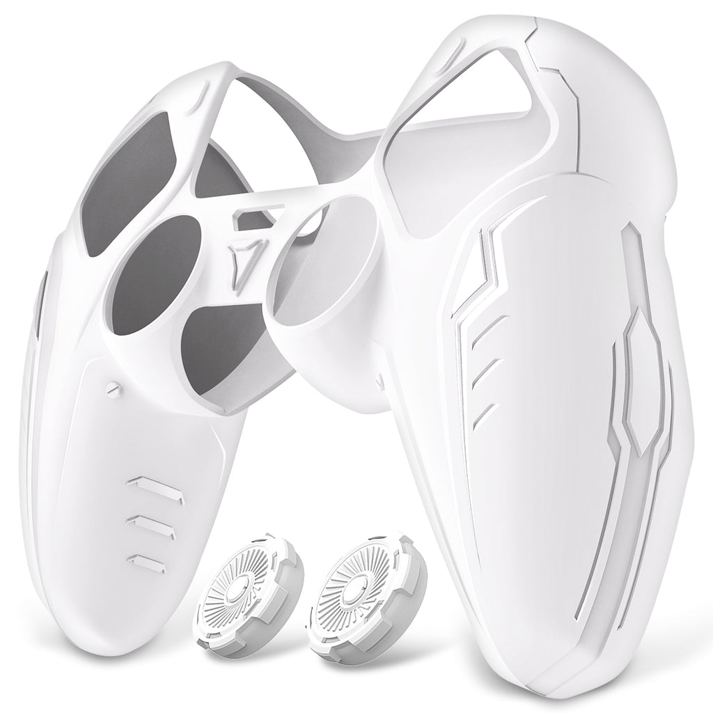 PlayVital Futuristic CyberMech Design Silicone Grip Skin with Thumb Grips for PS5 Wireless Controller, Compatible with PS5 Official Charging Dock - White PlayVital